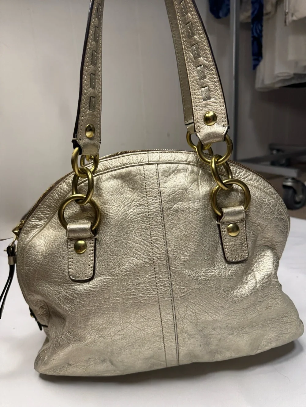 Coach Soho Metallic Gold Leather Buckle Flap Satchel F13137 Brass 